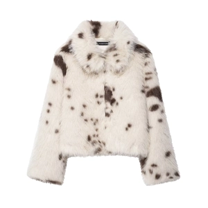 Faux fur cropped jacket with white and black animal spot pattern and lapel collar
