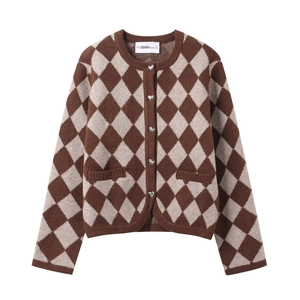Retro argyle knit cardigan with heart-shaped silver buttons on a plain white background