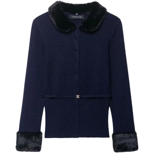 Navy knit cardigan featuring elegant black faux fur collar and cuffs with gold buckled belt