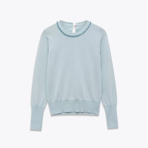 Women Casual Light Blue Beaded Crew Neck Knit Sweater Long Sleeve Ribbed Pullover Top Rhinestone Embellished Knitwear