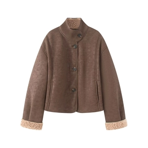 Brown faux suede jacket with warm beige faux fur lining and high collar design
