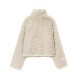 Court manteau en fausse fourrure gris clair avec col montant et manches larges pour femmes