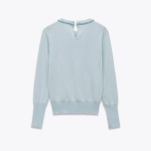 Light blue knit sweater with round beaded neckline and keyhole back detail