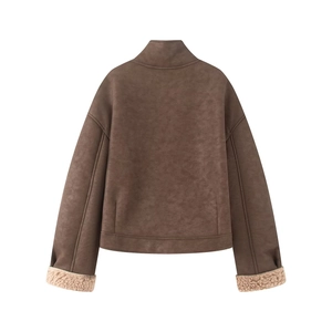 Back view of a cropped faux suede jacket for women with beige faux shearling lining and collar