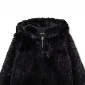 Women's black faux fur hooded jacket with long plush texture and front metal zipper
