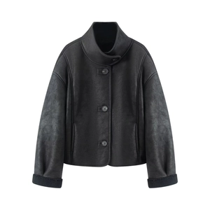 Women's black faux shearling leather jacket with high collar and cozy fur cuffs