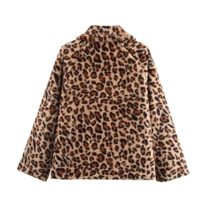 Detail of faux fur leopard print jacket back view with stylish brown animal patterns