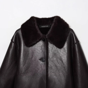 Women's premium faux leather reversible jacket with plush faux fur collar in dark brown