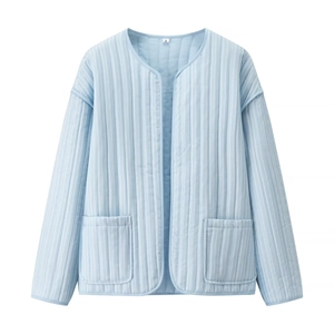 Light blue striped quilted jacket with round neck and large pockets in a flat lay view