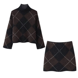 Women's knit two-piece set featuring turtleneck sweater and mini skirt in brown argyle