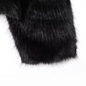 Close-up of premium black faux fur jacket sleeve with dense texture and high-gloss finish