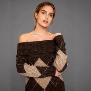 Elegant off-the-shoulder argyle knit sweater in brown and beige soft mohair texture