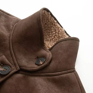 Brown faux leather jacket with plush lamb wool collar and dark round button detail