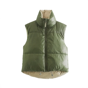 Padded army green sleeveless vest with high collar and adjustable drawstring hem