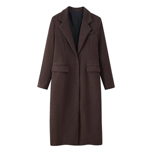 Classic dark brown mid-length wool coat with notched lapels and double-button closure