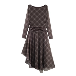 Dark gray plaid long sleeve mesh dress with waist ruching and asymmetrical hem detail