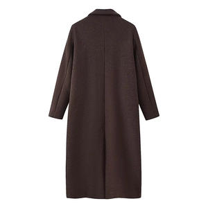 Back view of long dark chocolate wool coat with classic H-line cut and minimalist design