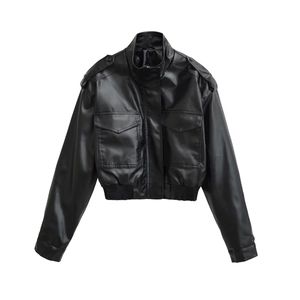 Women Faux Leather Jacket Cropped PU Biker Coat With Stand Collar Utility Cargo Pockets Epaulettes Long Sleeve Chic Outwear