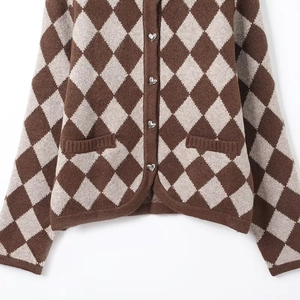 Detail of argyle knit cardigan with heart-shaped silver buttons and decorative pockets