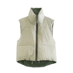 Olive green quilted stand collar puffer vest with adjustable drawstring hem for women