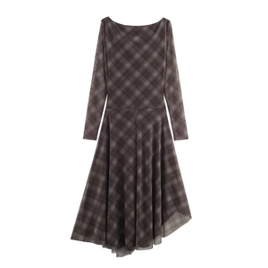 Women's casual plaid mesh long sleeve dress with asymmetrical hem on white background
