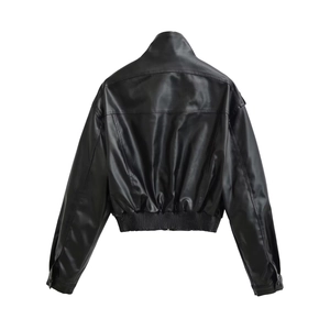 Back view of minimalist black faux leather jacket with stand collar and ribbed hem