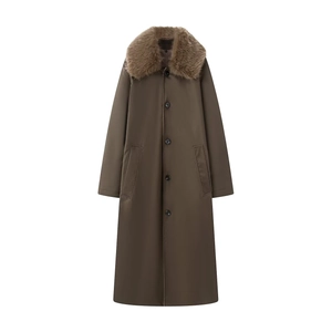 Reversible faux fur long coat in dark khaki with plush collar and single-breasted buttons