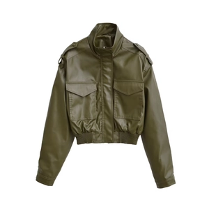 Olive green faux leather biker jacket with stand collar and flap pockets for women