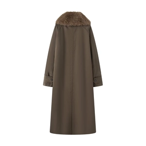 Long brown winter coat for women with plush faux fur collar and back vent detail