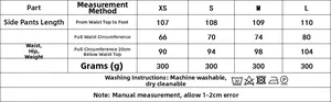 Size chart for satin trousers with lace detailing including XS to L measurements