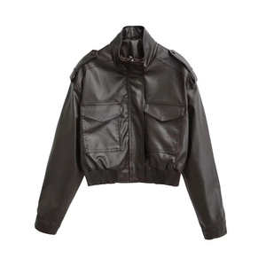 Slim fit faux leather bomber jacket with stand collar and flap pockets for women