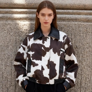 Women Fashion Cow Print Faux Fur Patchwork Jacket With PU Leather Collar Casual Streetwear Long Sleeve Zipper Coat