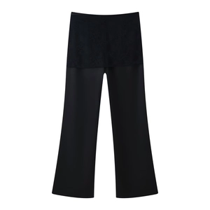 Women's black wide-leg trousers with elegant lace layering and premium satin texture