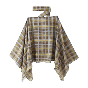 Haut poncho à carreaux jaune et marron avec une texture en maille semi-transparente