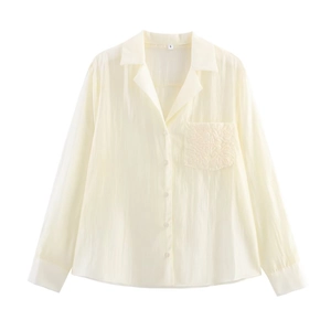 Elegant off-white long sleeve shirt for women featuring floral embroidery on the pocket
