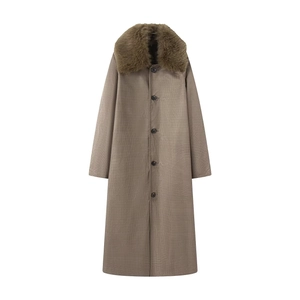 Women long brown plaid coat with fluffy faux fur collar and single breasted buttons