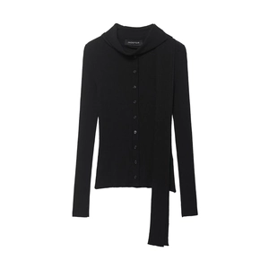 Haut en Tricot Côtelé pour Femme Manches Longues Boutons Col Bénitier Rubans Asymétriques Pull Ajusté Streetwear Élégant