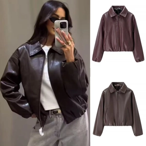 Women Faux Leather Bomber Jacket Loose Lapel Zipper Long Sleeve Pocket Winter Fall Coat Burgundy Black Brown Fashion Outerwear