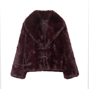 Short faux fur coat in deep wine red with broad lapels and metal hook closures
