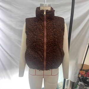 Reversible vintage leopard print puffer vest with stand collar and adjustable drawstring