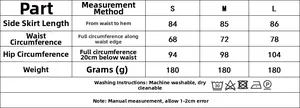 Size chart for women's lace splicing skirt showing measurements and washing instructions