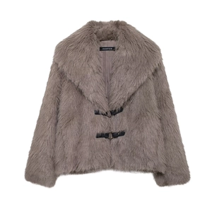Chic taupe long sleeve faux fur coat for women with wide collar and metal buckle closures