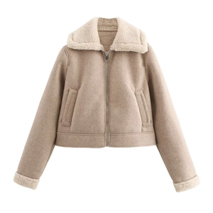 Giacca da Donna Casual in Similpelle Scamosciata Foderata in Sherpa Cappotto Corto Caldo Con Tasche a Zip Collo a Risvolto
