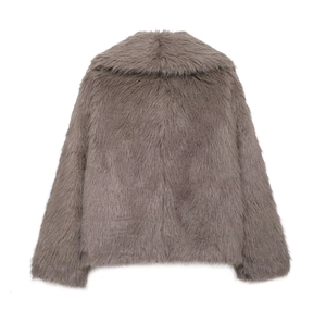 Rear view of a textured faux fur jacket with large lapels in elegant taupe color