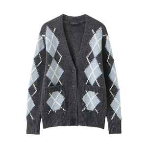 Classic dark grey argyle knit cardigan with blue and white diamond patterns and V-neckline