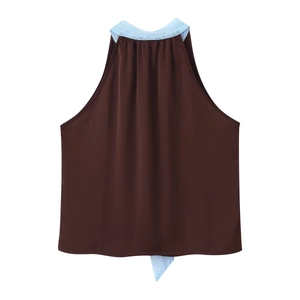 Elegant sleeveless dark brown halter top with light blue lace trim and contrast stitching
