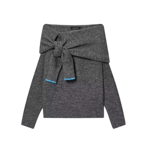 Off-shoulder grey knit sweater with sleeve-tie knot design and blue cuff details