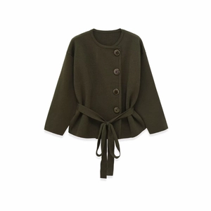 Women's Round Neck Knitted Cardigan With Belt Solid Color Single Breasted Short Jacket Streetwear Casual Outerwear Coat