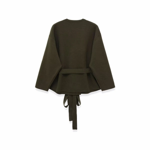 Deep olive green knit jacket for women with matching waist belt and ruffled hemline