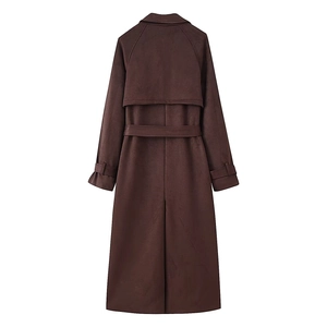 Back view of long dark brown suede coat with storm flap, belt, and sleeve buckle detail